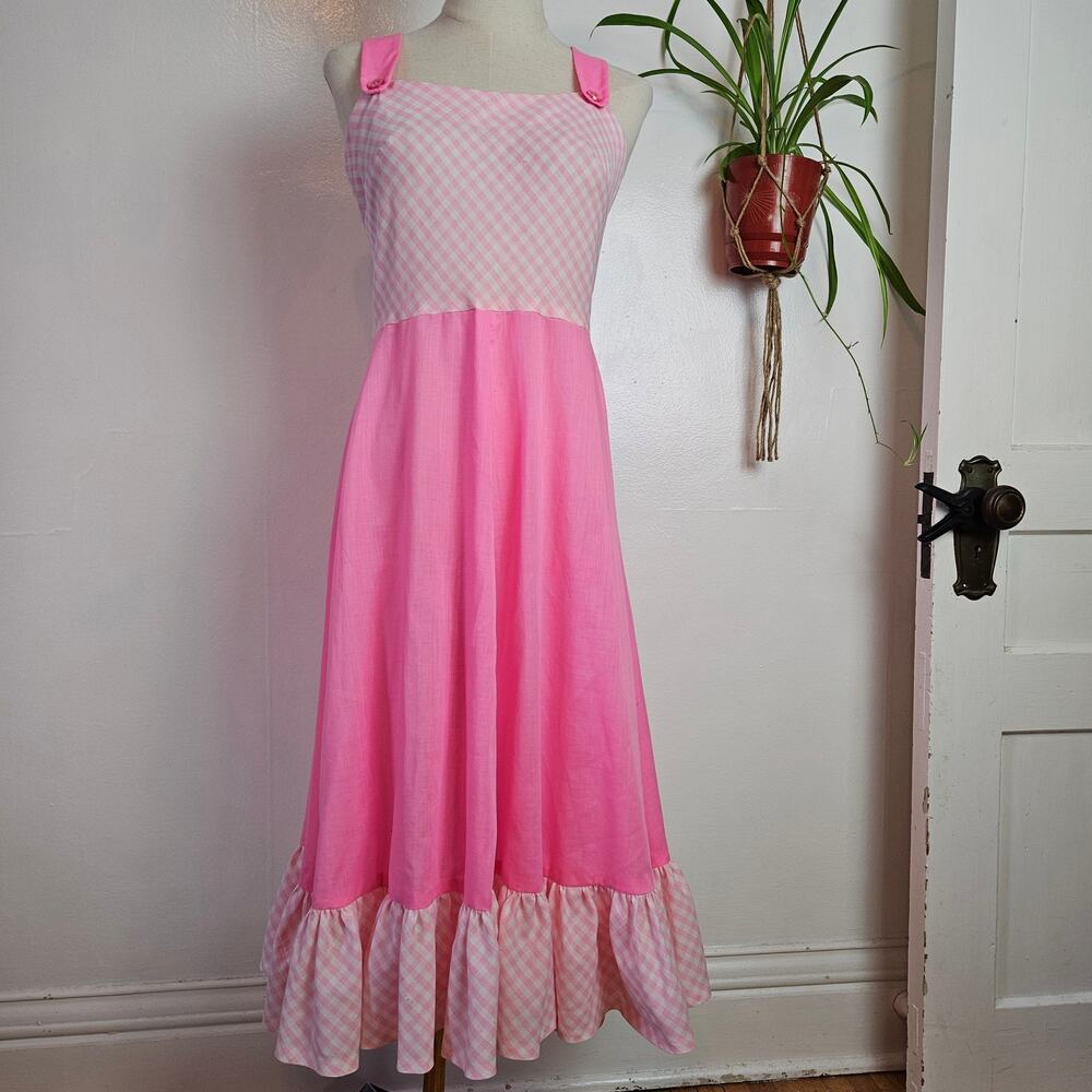 Vintage Handmade Dress & Shawl M? L? Pink Gingham‎ Midi - Picture 2 of 14